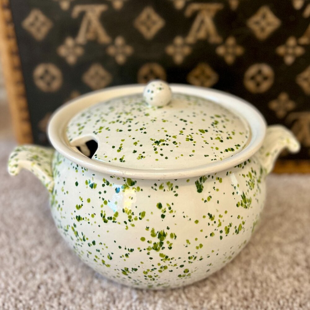 Green White Speckled Pottery Serving Bowl